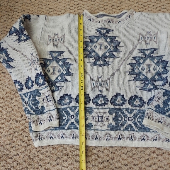 VINTAGE 90s Geometric Aztec Striped Mock Neck Sweater Sz Med Heavy Knit Warm - Picture 2 of 9